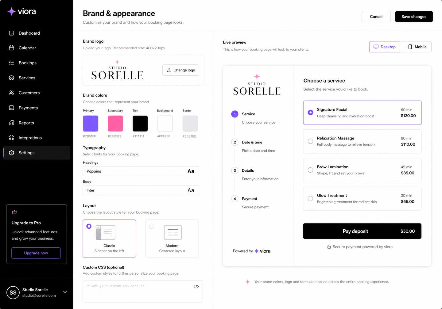 Brand and appearance settings with a live preview of the booking page